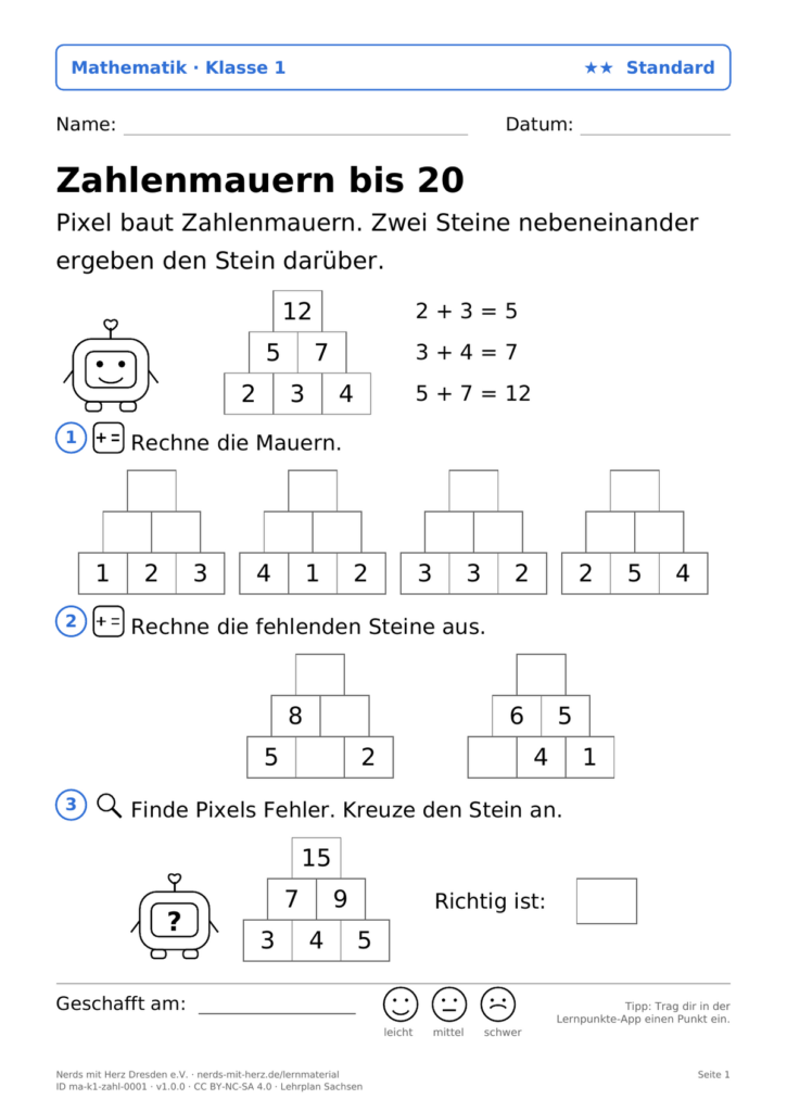 Vorschau: Arbeitsblatt „Zahlenmauern bis 20"