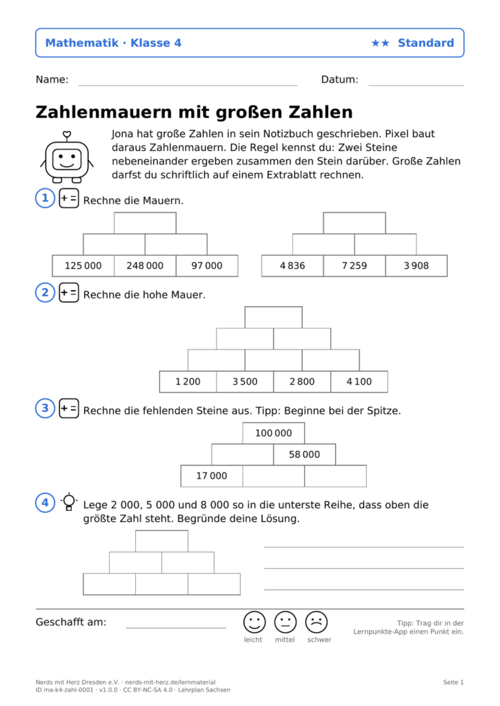 Vorschau: Arbeitsblatt „Zahlenmauern mit großen Zahlen"